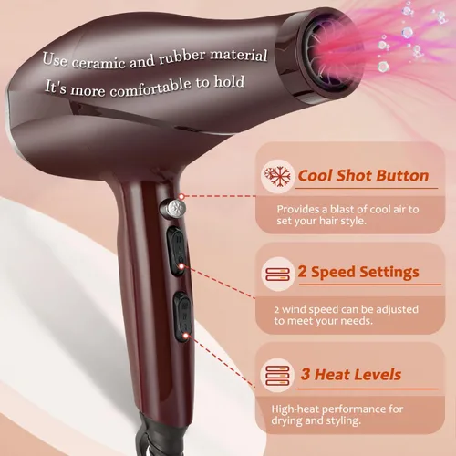 Vista 5 de Secador de pelo de 2000 W, con difusor concentrador de peine para mujeres y hombres, secador de pelo silencioso iónico negativo con potente motor