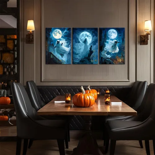 Vista 3 de 3 piezas de lienzo de bruja fantasma de Halloween, arte de pared espeluznante y espeluznante melancolía, fantasma azul, gato negro, decoración
