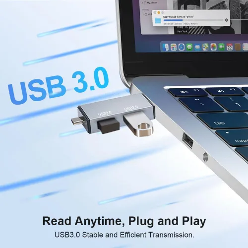 Vista 4 de Lector de tarjetas de memoria 4 en 1, adaptador USB A y USB-C a SD Micro SD MS CF, 4 tarjetas de lectura y escritura simultánea, compatible
