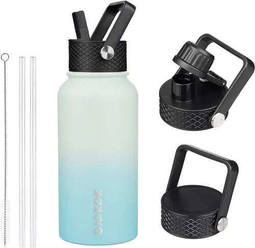 Vista 98 de BJPKPK Botellas de Agua Aisladas con Tapa de Pajita, Botella de Agua de Acero Inoxidable de 18oz, Termo Frío Caliente con 3 Tapas, Vaso de Viaje a