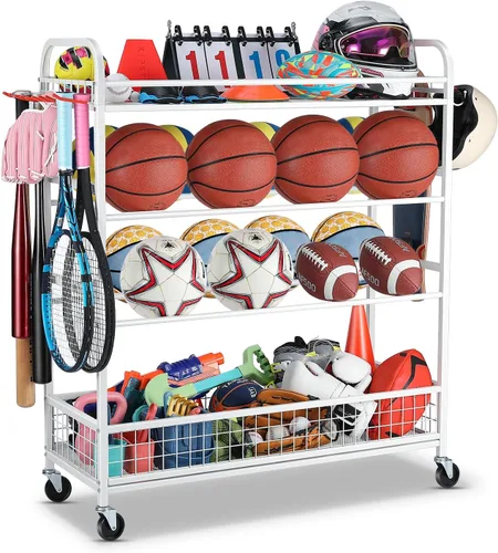 Vista 10 de EXTCCT Organizador de equipo deportivo de garaje, contenedor de almacenamiento de bolas rodantes con ruedas, estante de equipo deportivo de garaje