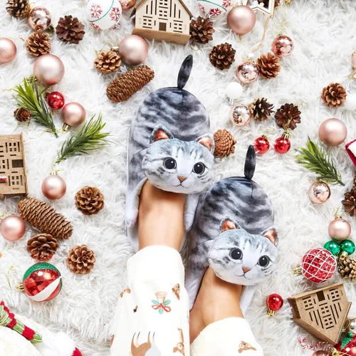 Vista 7 de Divertidas pantuflas de gato mullidas para mujer, zapatos de casa esponjosos, bonitas pantuflas de animales para interiores y exteriores, suaves