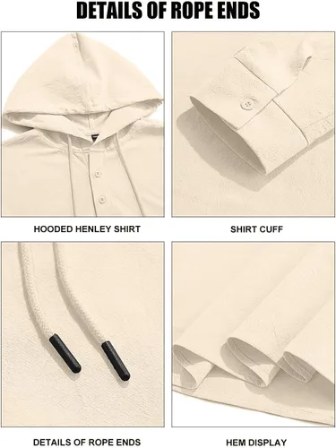 Vista 6 de Sudaderas con capucha de lino y algodón para hombre, estilo casual, manga larga, con botones, ligeras, informales, hawaianas, para la playa