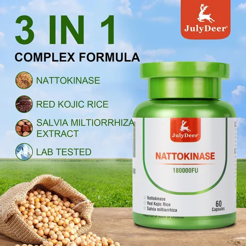 Vista 3 de JulyDeer Nattokinase 6,000 FU por porción de enzima, botella entera de 180,000 FU, con arroz kójico rojo, extracto de Salvia Miltiorrhiza - 120