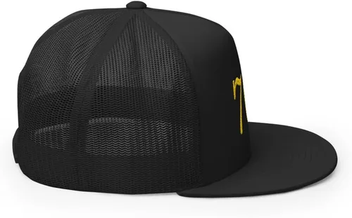 Vista 5 de RIVEMUG 701 Gold JGL Trucker Hat Flat Bill High Crown El Chapo Guzmán Gorra ajustable
