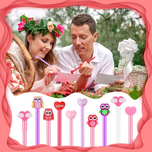 Vista 5 de SANNIX 50 bolígrafos para el día de San Valentín, a granel, diseño de búho, corazones y búhos, bolígrafos de tinta de gel negra para fiesta de San