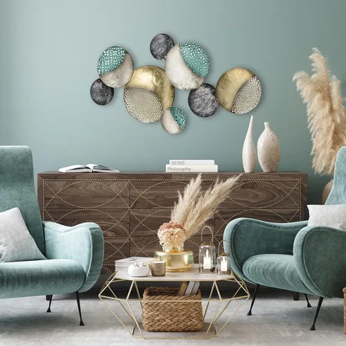 Vista 2 de WHW Whole House Worlds MODERNIST HOME Círculos flotantes, arte abstracto de pared de metal, hecho a mano, dorado dorado, negro, blanco y gris