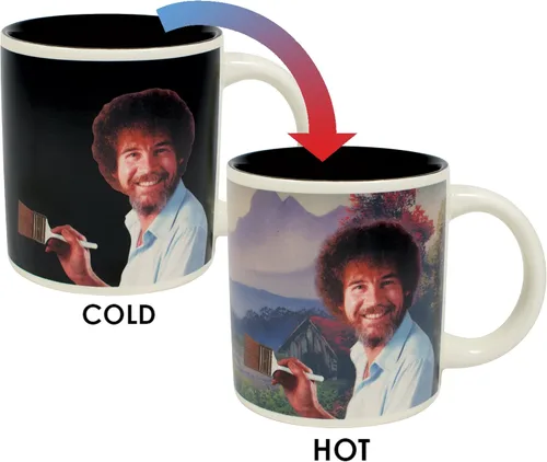 Vista 2 de Taza cambiante ante el calor, de Bob Ross - Agregue líquidos calientes y emerge una escena - viene en caja de regalo divertida