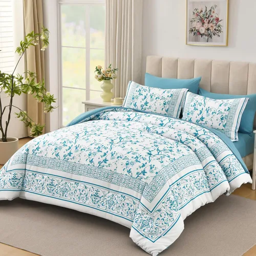 Vista 2 de Dobuyly Juego de edredón floral tamaño Queen, 7 piezas de cama en una bolsa, tamaño Queen, juego de ropa de cama botánico de flores aguamarina sobre