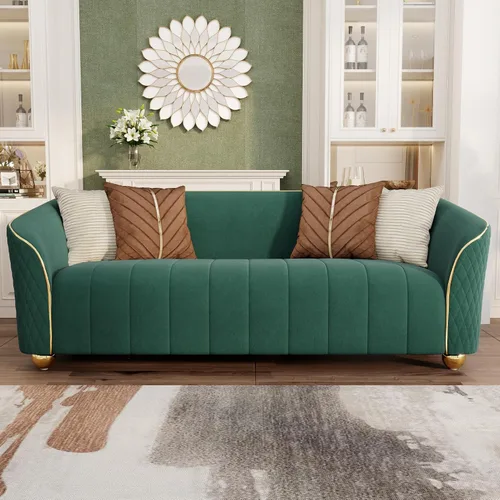 Vista 22 de Sofá de lujo de terciopelo retro de 3 plazas, cómodo sofá biplaza tapizado de terciopelo de 86 pulgadas con patas y almohadas de metal dorado, sofá