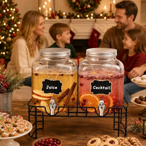Vista 9 de Dispensadores de bebidas de vidrio de 1 galón para fiestas, juego de 2, dispensador de bebidas con infusor y soporte de frutas, dispensador de jugo