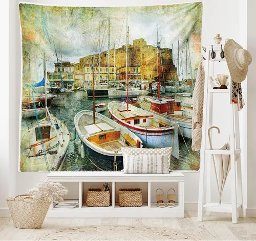 Vista 2 de Ambesonne Tapiz marino, Nápoles, botes pequeños en la histórica costa italiana, patrimonio del castillo, arte náutico, colgante de pared ancho