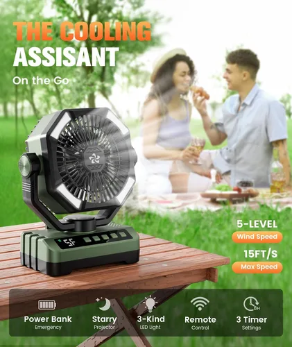 Vista 2 de Ventilador de campamento con pilas, recargable con luz de estrellas, 20000 mAh, funciona con pilas, ventiladores de escritorio de 5 velocidades