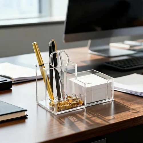 Vista 6 de HBlife Soporte acrílico para bolígrafo para escritorio, organizador de escritorio pequeño de 3 compartimentos, suministros de oficina transparentes