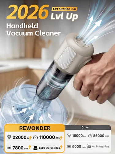 Vista 2 de REWONDER Aspiradora de coche de alta potencia, aspiradora de 22000 Pa y plumero de aire de 110000 RPM, aspiradora de mano con batería de 7800 mAh