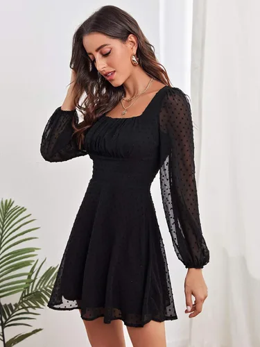 Vista 3 de Wdirara - Vestido de gasa para mujer, con cuello cuadrado, de malla con lunares y mangas de obispo