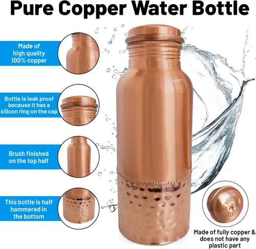 Vista 2 de A American Ayurveda - Botella de agua de cobre 100% puro, 20 onzas, sin articulaciones, a prueba de fugas, vaso, frasco, yoga, beneficios