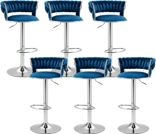 Vista 9 de Juego de 2 taburetes de bar giratorios de terciopelo, modernos taburetes de bar ajustables con respaldo tejido, taburete de bar de altura