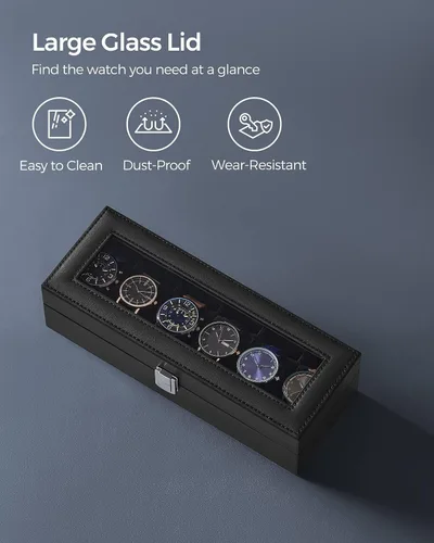 Vista 4 de SONGMICS Caja de reloj, caja de reloj de 6 ranuras con tapa de vidrio grande, almohadas extraíbles para reloj, organizador de caja de reloj, regalo