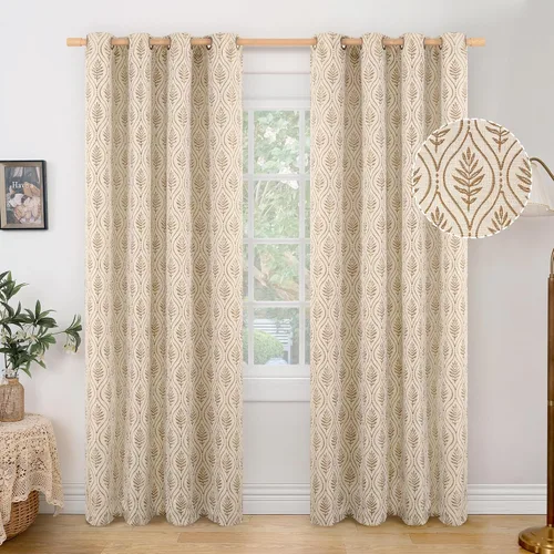 Vista 24 de BGment - Cortinas francesas de campo amarillas mostaza de 63 pulgadas de largo para dormitorio, patrón botánico de jacquard de hojas, estilo rústico