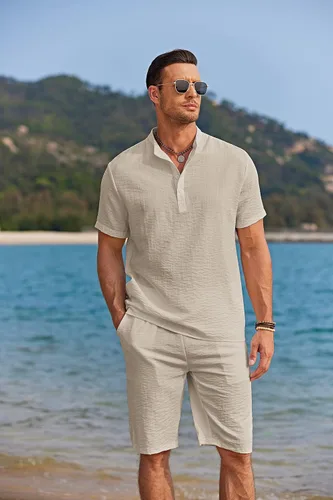 Vista 7 de COOFANDY Conjunto de 2 piezas de lino para hombre, camisas Henley casuales de manga corta, pantalones cortos de yoga para la playa, pantalones