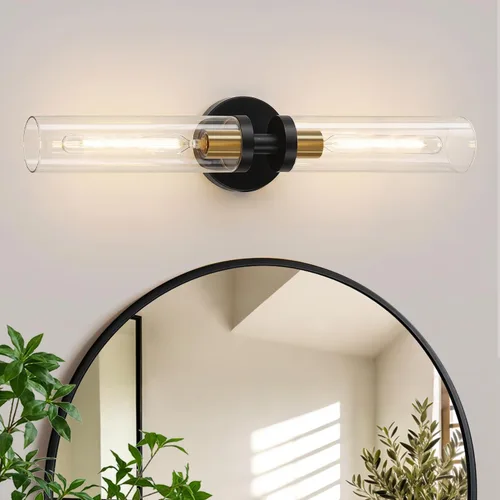 Vista 9 de Indoi Apliques de pared de níquel cepillado, apliques de baño cableados con vidrio transparente, modernos accesorios de tocador de baño para espejo