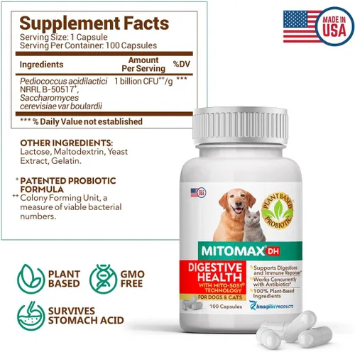 Vista 2 de Imagilin Technology, LLC Probióticos MitoMax-Premium para perros y gatos, 100 cápsulas por botella