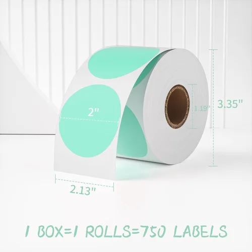 Vista 2 de MFLABEL 2" 750 Etiquetas Círculo Verde Etiquetas Térmicas Directas Adhesivas Pegatinas Rollo Compatible con Zebra, Rollo, MUNBYN, Etiquetas Térmicas