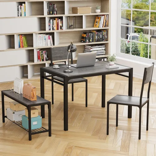 Vista 4 de JUMMICO Juego de mesa de comedor de 43.3 pulgadas para 4, mesa de cocina con banco y 2 sillas, moderno marco de metal rectangular, juego de muebles