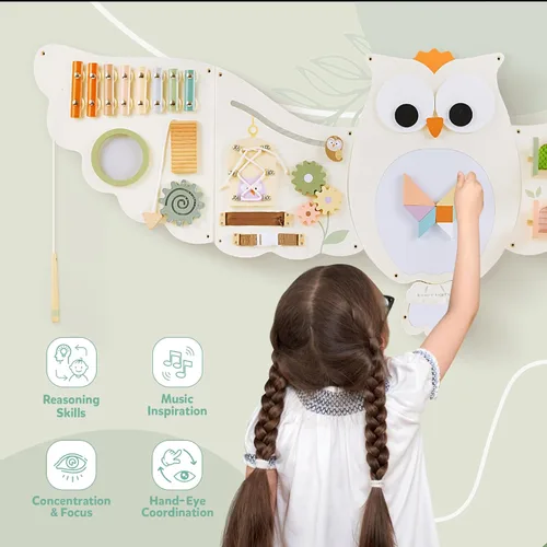Vista 4 de Paneles de Tablero Ocupado de Pared con Actividades de Búho, Juguetes Sensoriales Montessori, Centro de Actividades de Aprendizaje para Niños