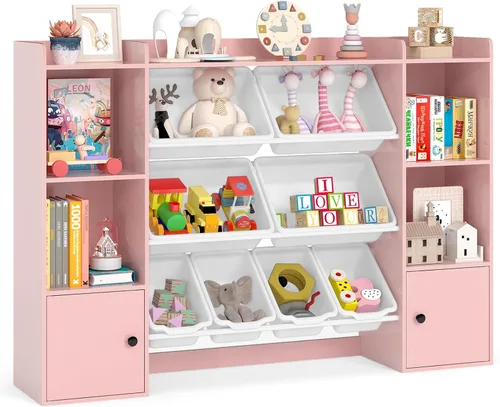 Vista 11 de HONEY JOY Organizador de almacenamiento de juguetes para niños, armario de madera de 56.5 pulgadas de largo con 8 contenedores extraíbles, estantes