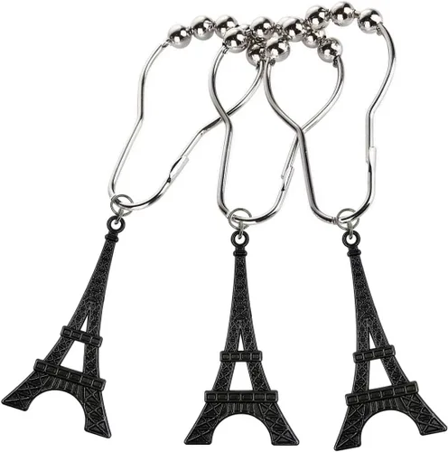 Vista 3 de Juego de 12 ganchos para cortina de ducha de la Torre Eiffel, París París, Francia, desgastado, francés, elegante, estilo cabaña, tema, para el Negro
