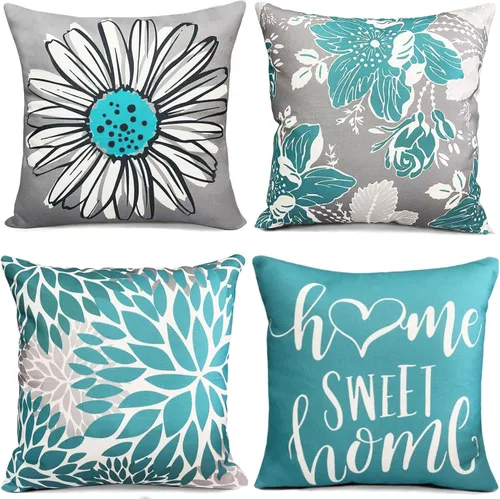 Vista 13 de Juego de 4 fundas de almohada decorativas de 16 x 16 pulgadas, color azul aguamarina, fundas de almohada para sofá, cama, sala de estar, fundas