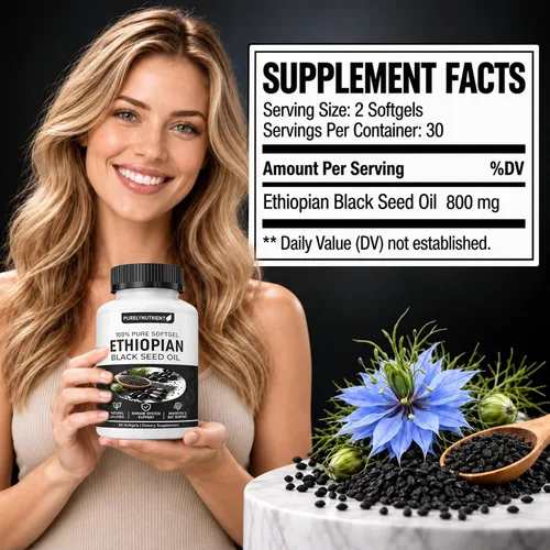 Vista 2 de Cápsulas blandas de aceite de semilla negra etíope con 4.64% de timoquinona, fórmula prensada en frío para apoyo inmunológico, digestivo