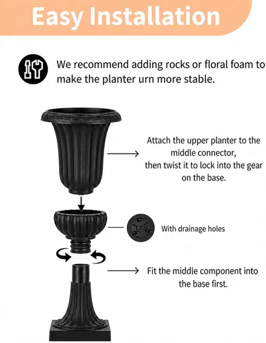 Vista 2 de NUPTIO Urn Planters for Front Porch: 19.7 Inch Set of 2 Black Pedestal Pots