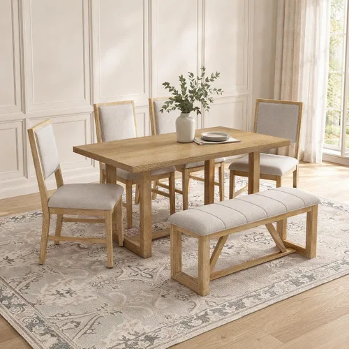 Vista 19 de Juego de mesa de comedor de 6 piezas con banco y 4 sillas Negro Beige-1