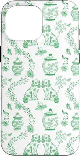 Vista 18 de Funda para iPhone XS Max Preppy Green & White Toile Chinoiserie Dogs and Ginger Jars
