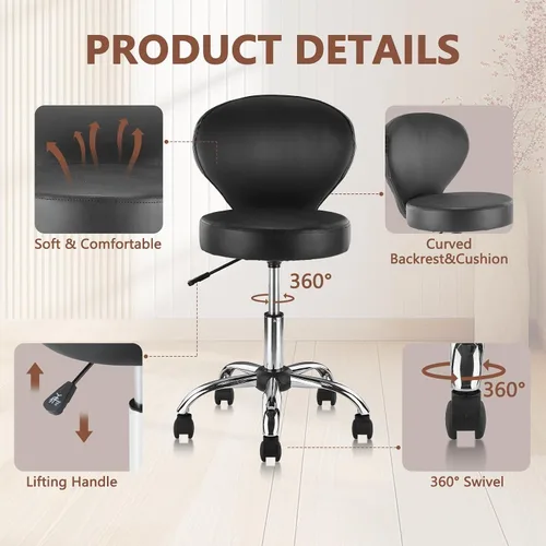 Vista 4 de KLASIKA Taburete giratorio ajustable con respaldo y ruedas, silla de escritorio de oficina multiusos, cojín de asiento grueso para el hogar, bar