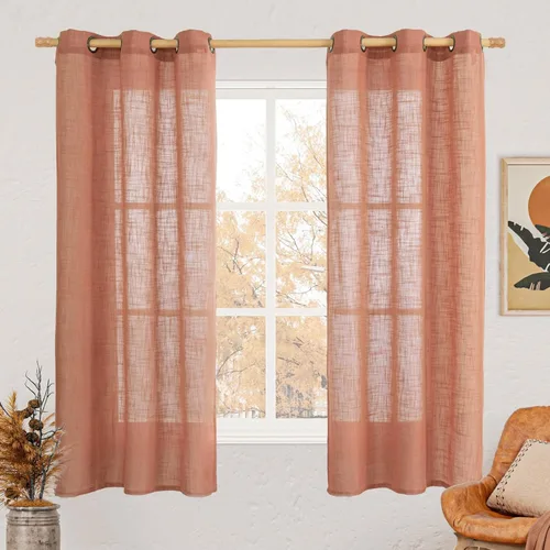 Vista 128 de LAMIT Cortinas de lino marrón caramelo para sala de estar, 84 pulgadas, de lino sintético, texturizado, filtrante de luz, paneles de privacidad
