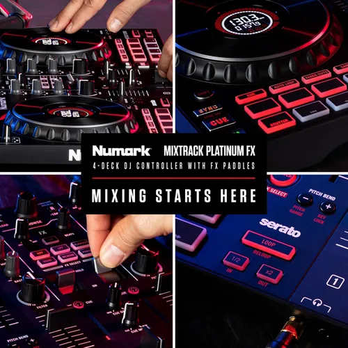 Vista 8 de Numark Mixtrack Platinum FX Controlador para DJ, para Serato DJ, con control de 4 cubiertas, mezclador, interfaz de audio incorporada, rueda