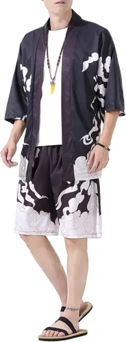 Vista 5 de PRIJOUHE Conjunto de kimono de estilo japonés para hombre, ligero, casual, con siete mangas, frente abierto, cárdigan y pantalones cortos