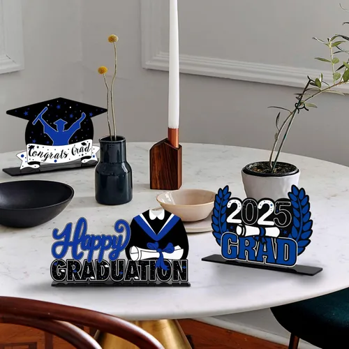 Vista 6 de LINGTEER Decoraciones de fiesta de graduación de clase 2026 – 3 piezas de felicitaciones de graduación 2026 de acrílico para centros de mesa de Azul