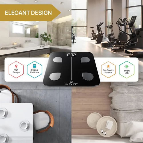 Vista 6 de INEVIFIT Báscula inteligente de grasa corporal, analizador digital de composición corporal de baño Bluetooth de alta precisión, mide peso, grasa