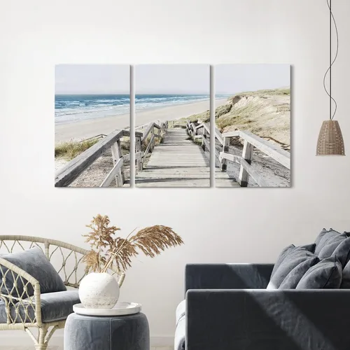 Vista 5 de Lienzo de playa costero para pared: tres piezas para dormitorio, imagen del océano, camino del océano, obra de arte de paisaje marino, pintura