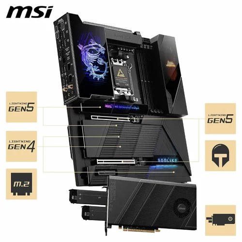 Vista 5 de MSI MEG X870E GODLIKE, E-ATX - Compatible con procesadores AMD Ryzen 9000/8000/7000, AM5 - Dynamic Dashboard III, EZ Slide M.2, 110A SPS, memoria