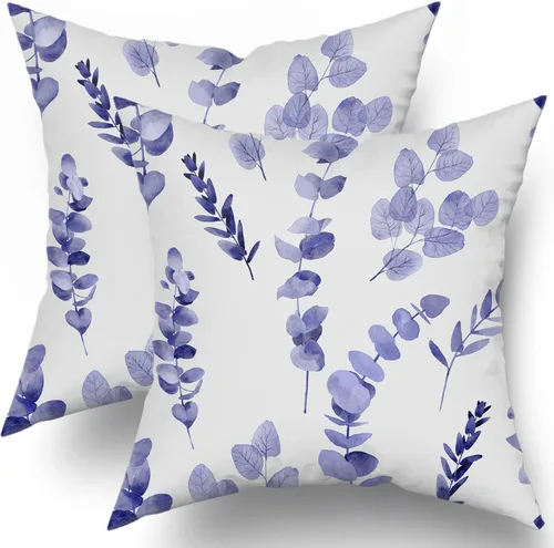 Vista 10 de Sweetshow Juego de 2 fundas de almohada decorativas de hojas azules marrones de 16 x 16 pulgadas, diseño de ramas de eucalipto, hojas florales