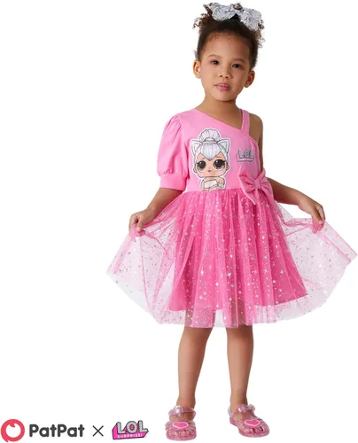 Vista 7 de L.O.L. Surprise! Vestido escalonado para niñas, estampado de figura en capas, un hombro, vestido casual fluido, talla 6-12