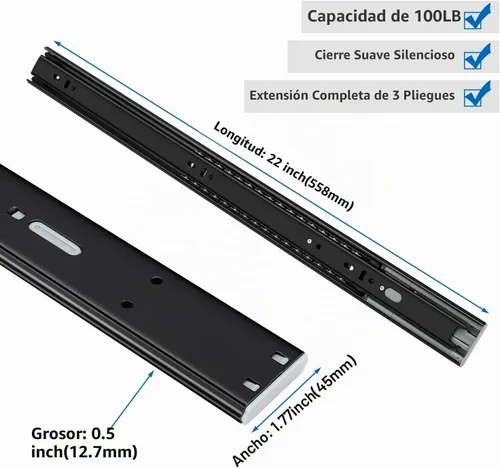 Vista 2 de homdiy 10 pares de correderas de cajón de cierre suave de 22 pulgadas, 3 secciones de extensión completa, montaje lateral, rieles de rodamiento