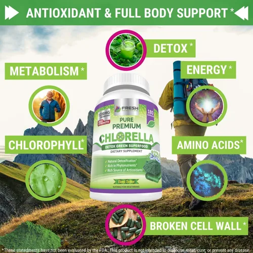 Vista 5 de FRESH HEALTHCARE Suplemento prémium de Chlorella, cápsulas de polvo vegano puro de 1200 mg, 180 pastillas de clorofila y CFG, superalimento natural