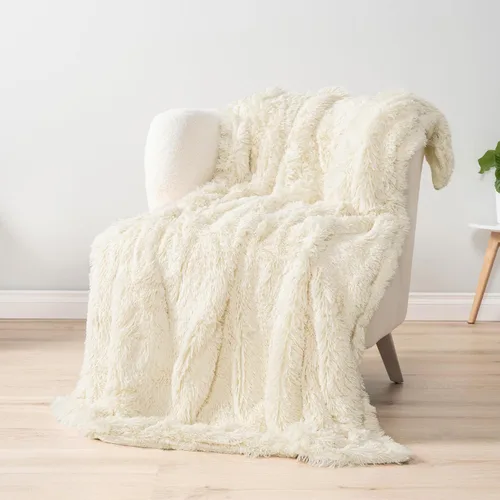 Vista 4 de PAVILIA Manta mullida beige crema para sofá, afelpada y cálida, súper suave y gruesa de piel sintética y sherpa, 50 x 60 pulgadas